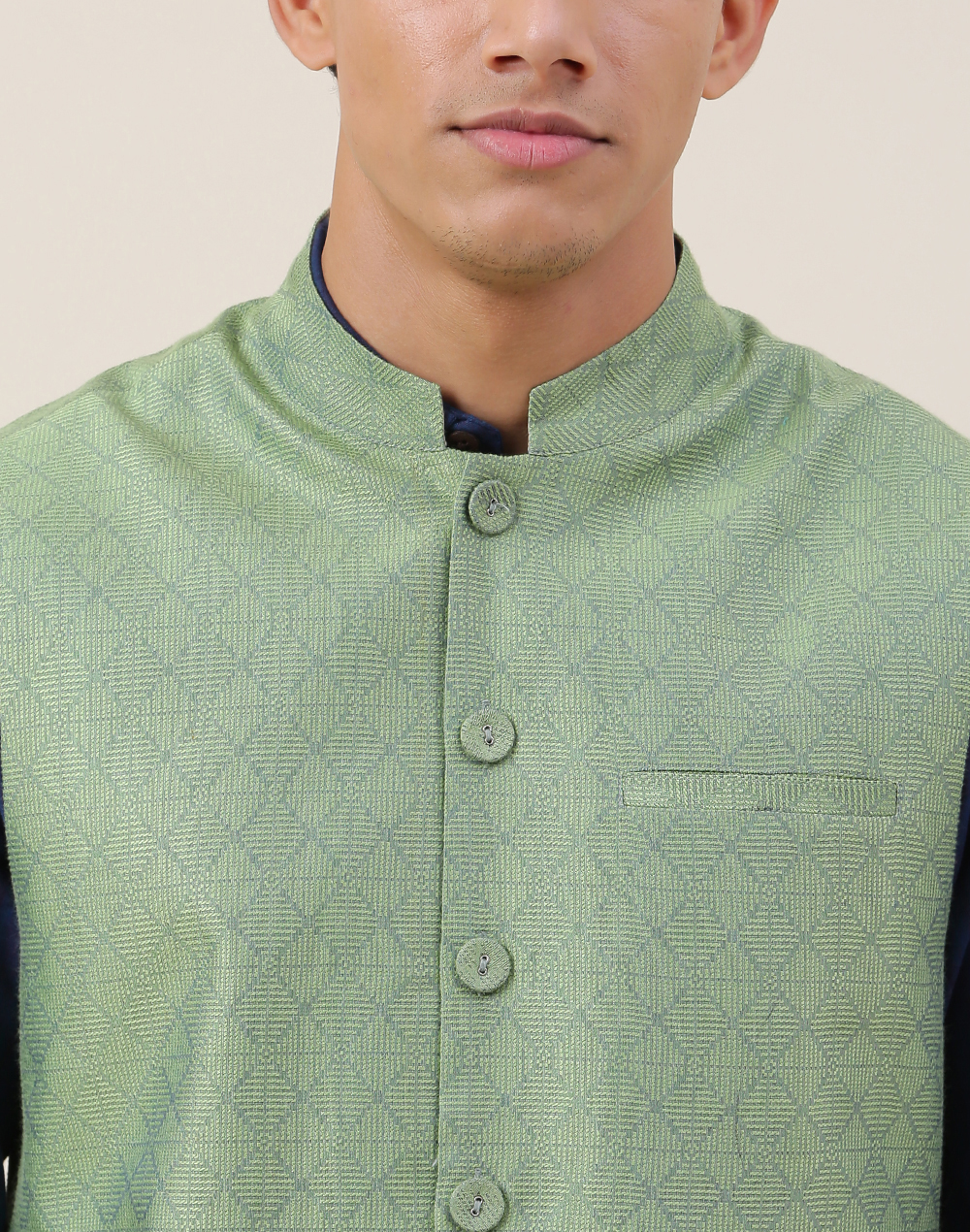 Green Viscose Silk Chinese Collar Nehru Jacket