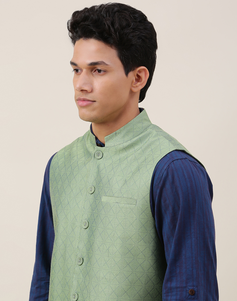 Green Viscose Silk Chinese Collar Nehru Jacket Green Viscose Silk Chinese Collar Nehru Jacket