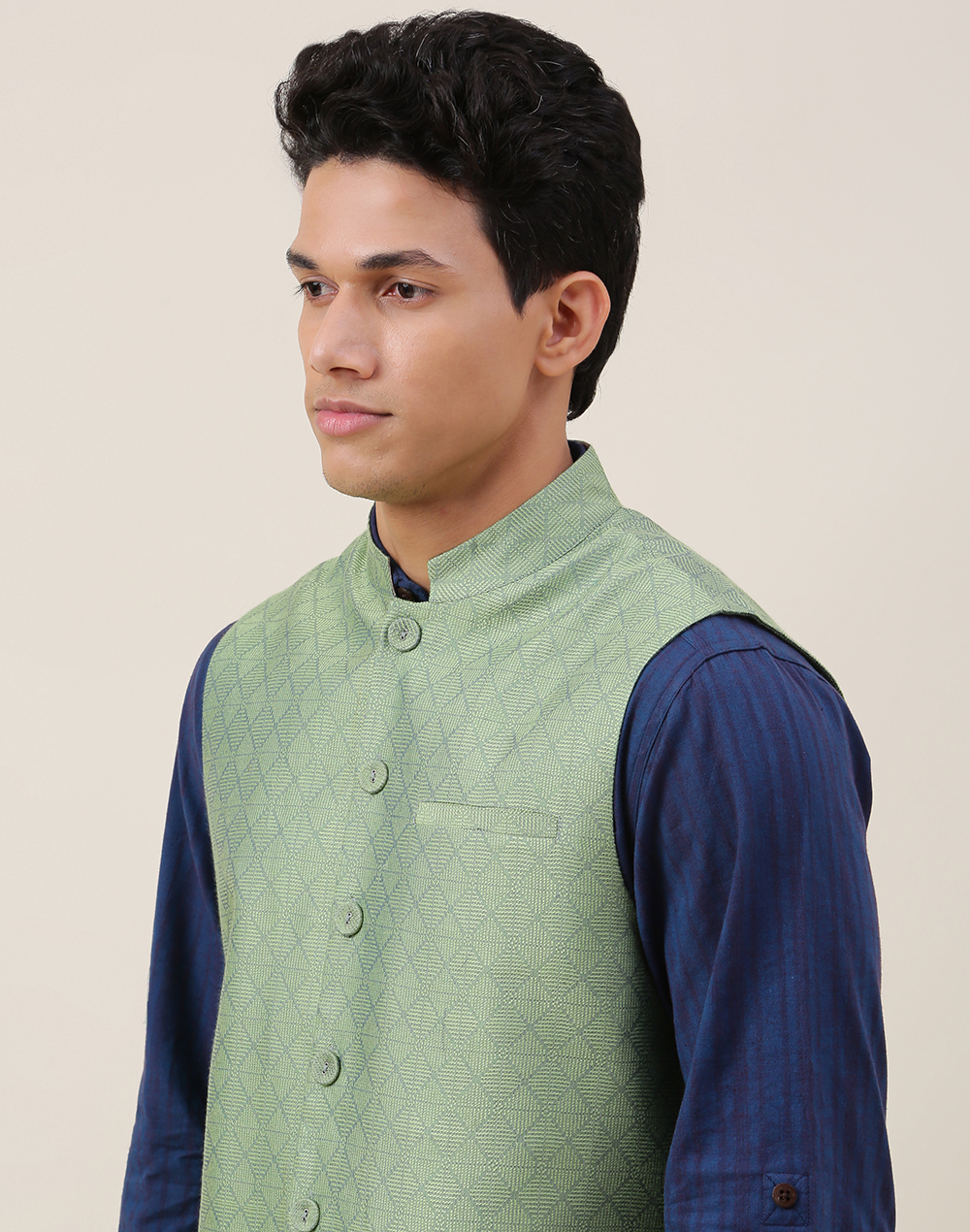 Green Viscose Silk Chinese Collar Nehru Jacket