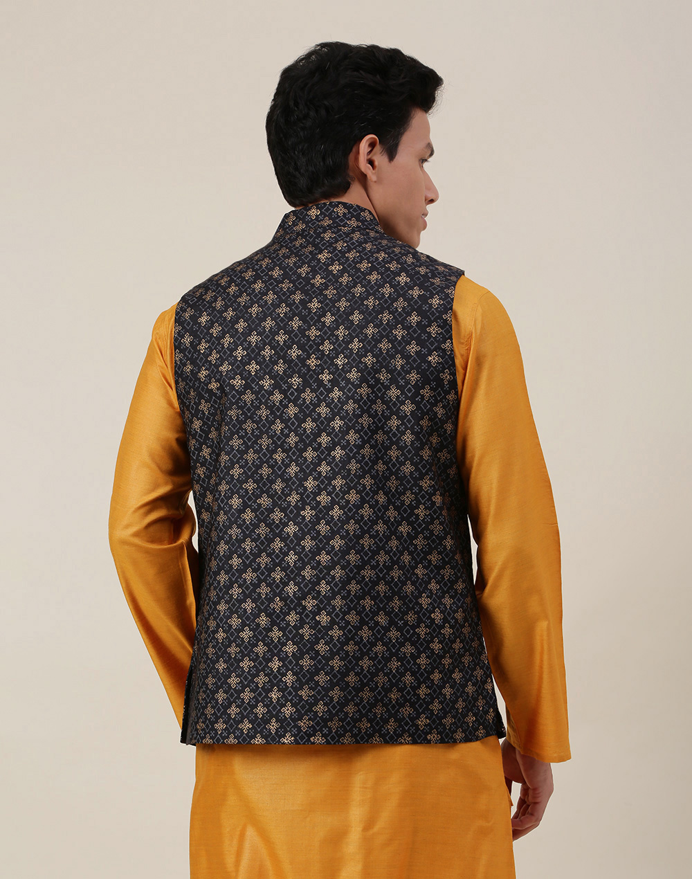 Black Viscose Silk Hand Block Printed Nehru Jacket