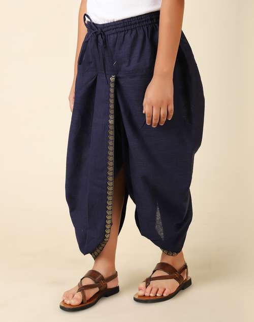 Navy Cotton Blend Dhoti With Elasticated Waistband & Drawstring Navy Cotton Blend Dhoti With Elasticated Waistband & Drawstring
