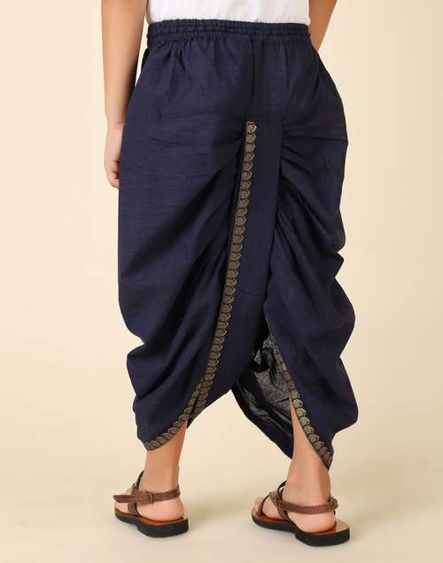 Navy Cotton Blend Dhoti With Elasticated Waistband & Drawstring Navy Cotton Blend Dhoti With Elasticated Waistband & Drawstring