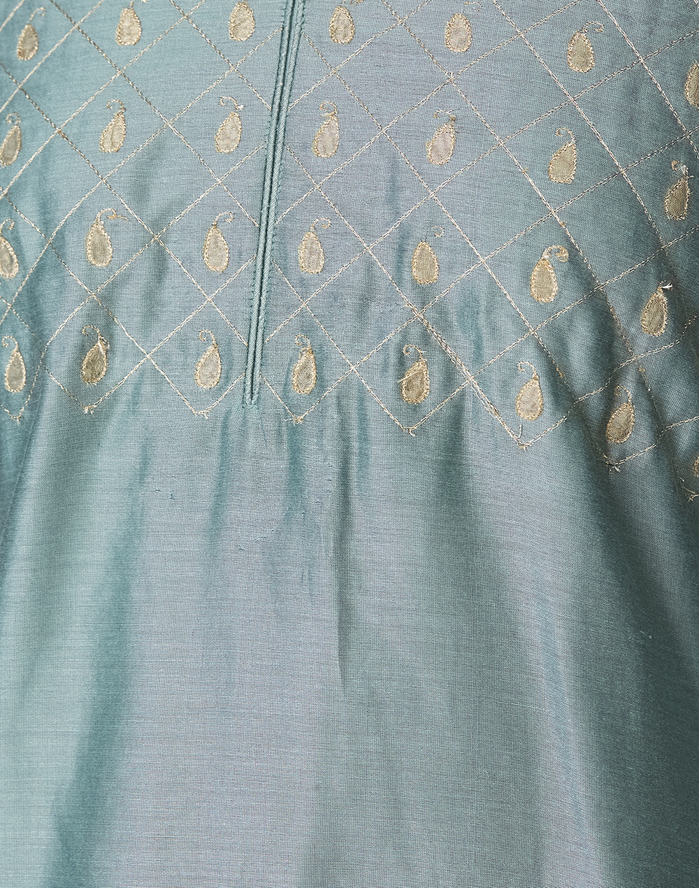 Blue Cotton Silk Embroidered Knee Length Kurta