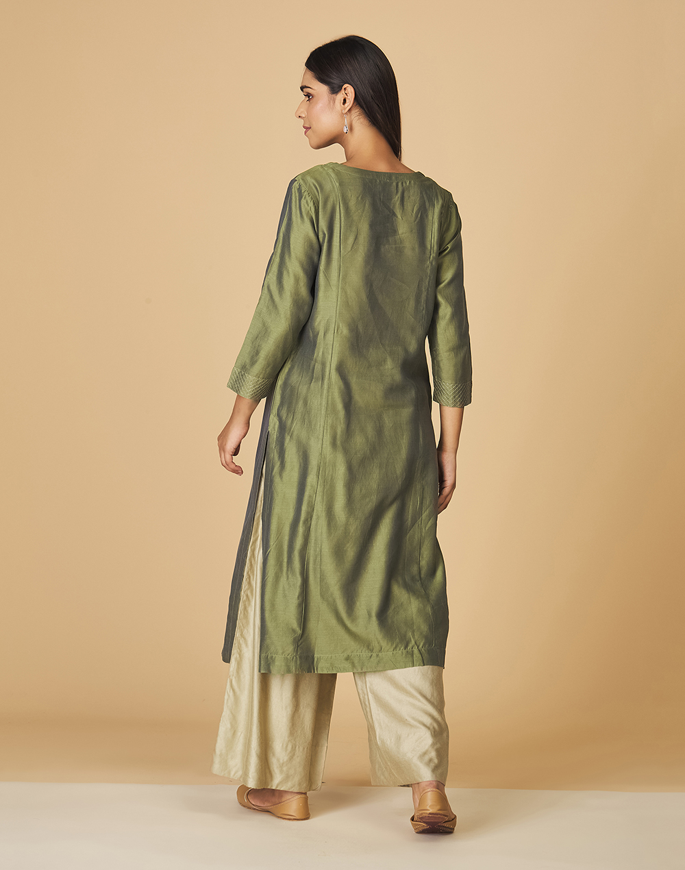Green Cotton Silk Embroidered Long Kurta