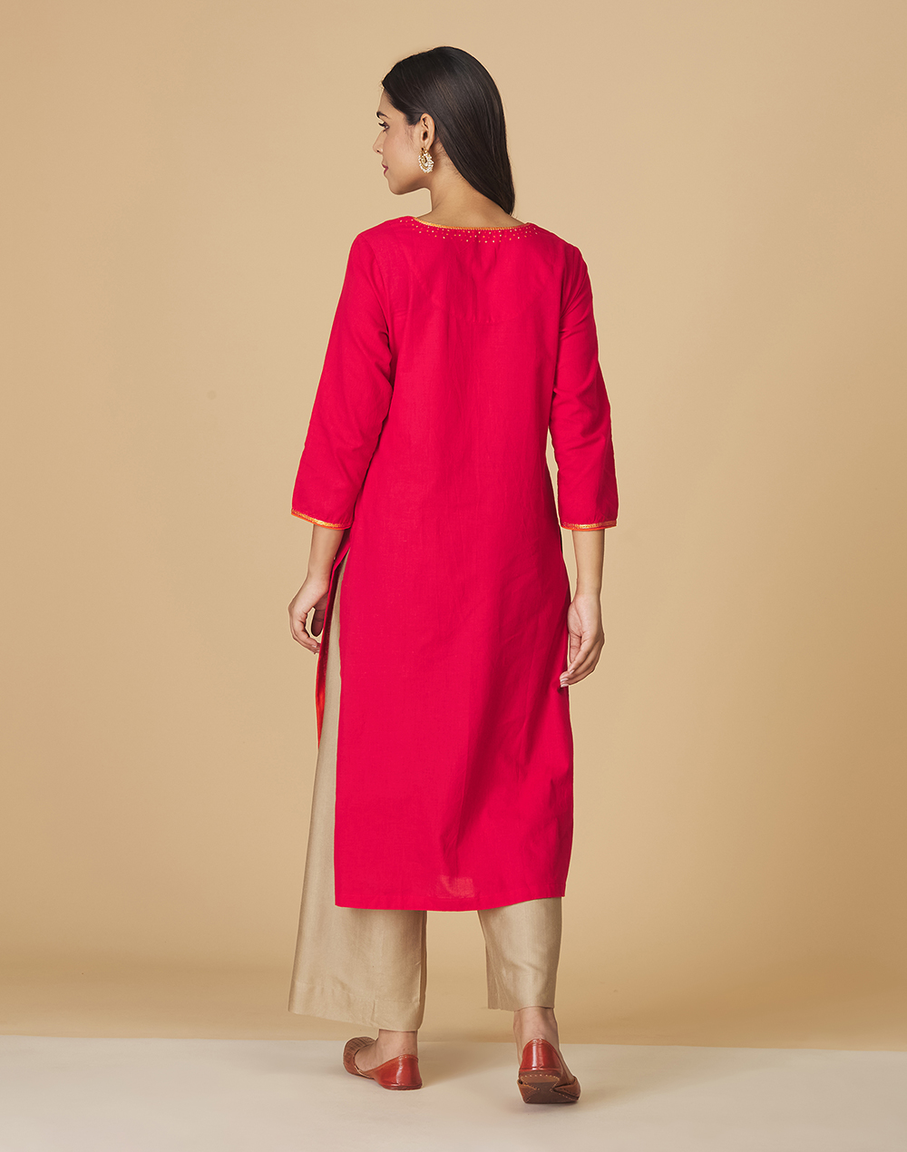 Red Cotton Embroidered Long Kurta
