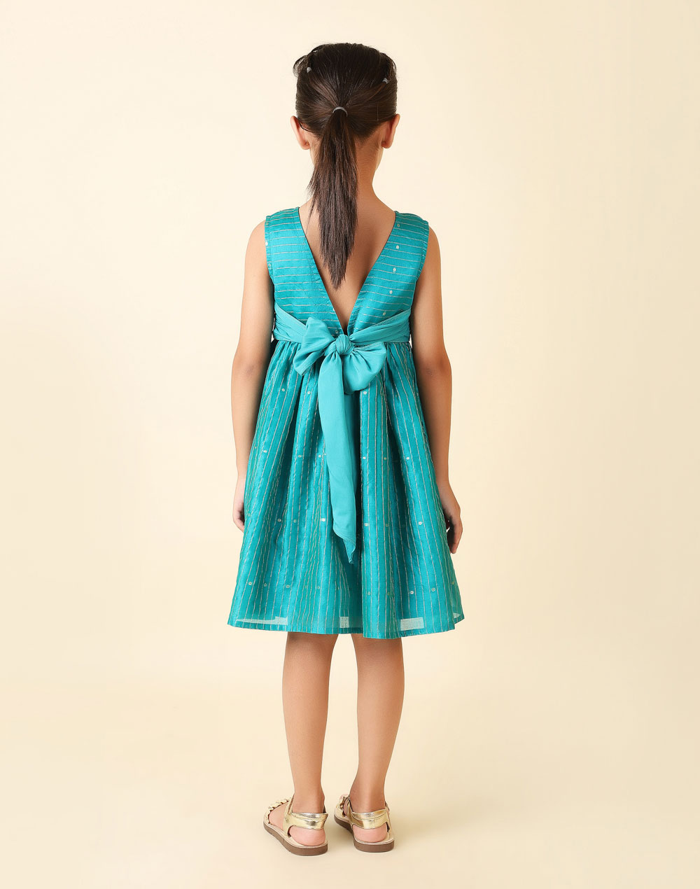 Teal Cotton Silk Blend Cutwork Dress