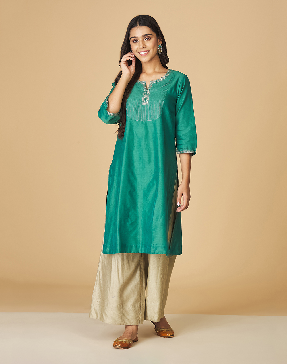Buy Green Cotton Silk Embroidered Knee Length Kurta for Women Online at ...