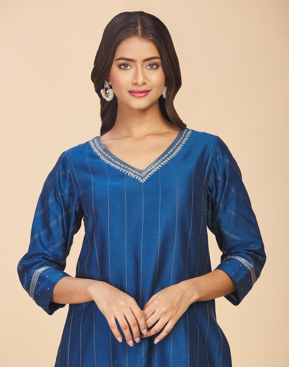 Buy Blue Cotton Silk Embroidered Slim Fit Long Kurta for Women Online ...