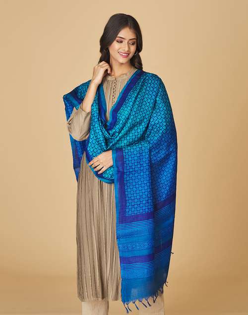 Blue Silk Hand Block Printed Dupatta Blue Silk Hand Block Printed Dupatta