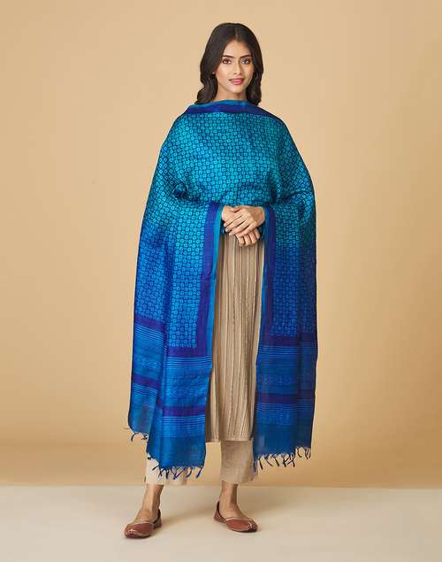 Blue Silk Hand Block Printed Dupatta Blue Silk Hand Block Printed Dupatta
