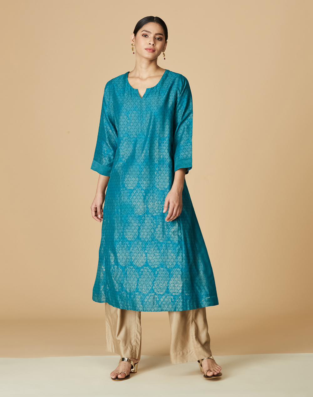 Teal Blue Silky Cotton Long Sleeves Kurti