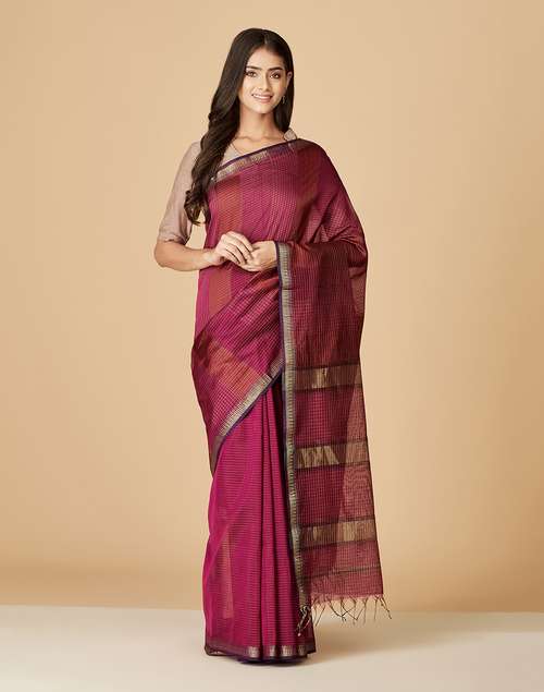 Wine Cotton Silk Zari Sari Wine Cotton Silk Zari Sari