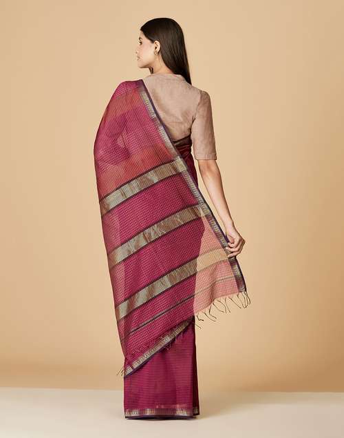 Wine Cotton Silk Zari Sari Wine Cotton Silk Zari Sari