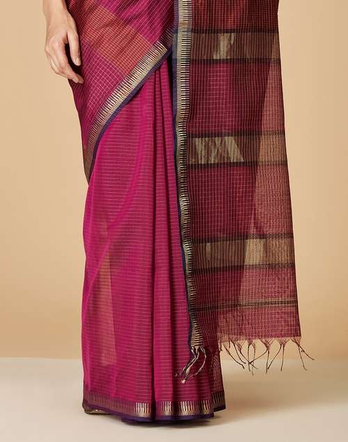 Wine Cotton Silk Zari Sari Wine Cotton Silk Zari Sari