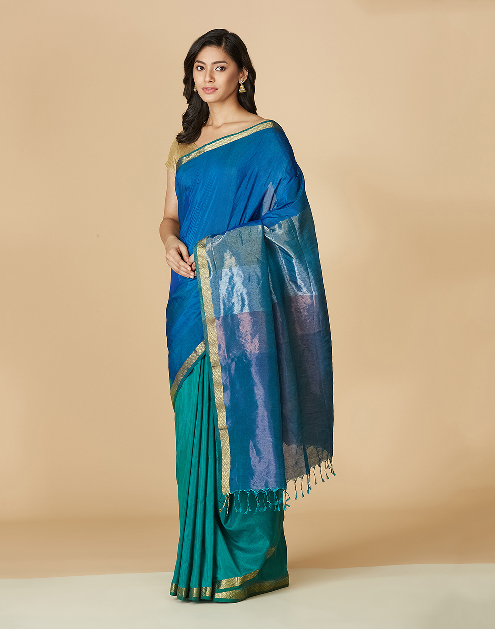 Teal Cotton Silk Maheshwari Sari