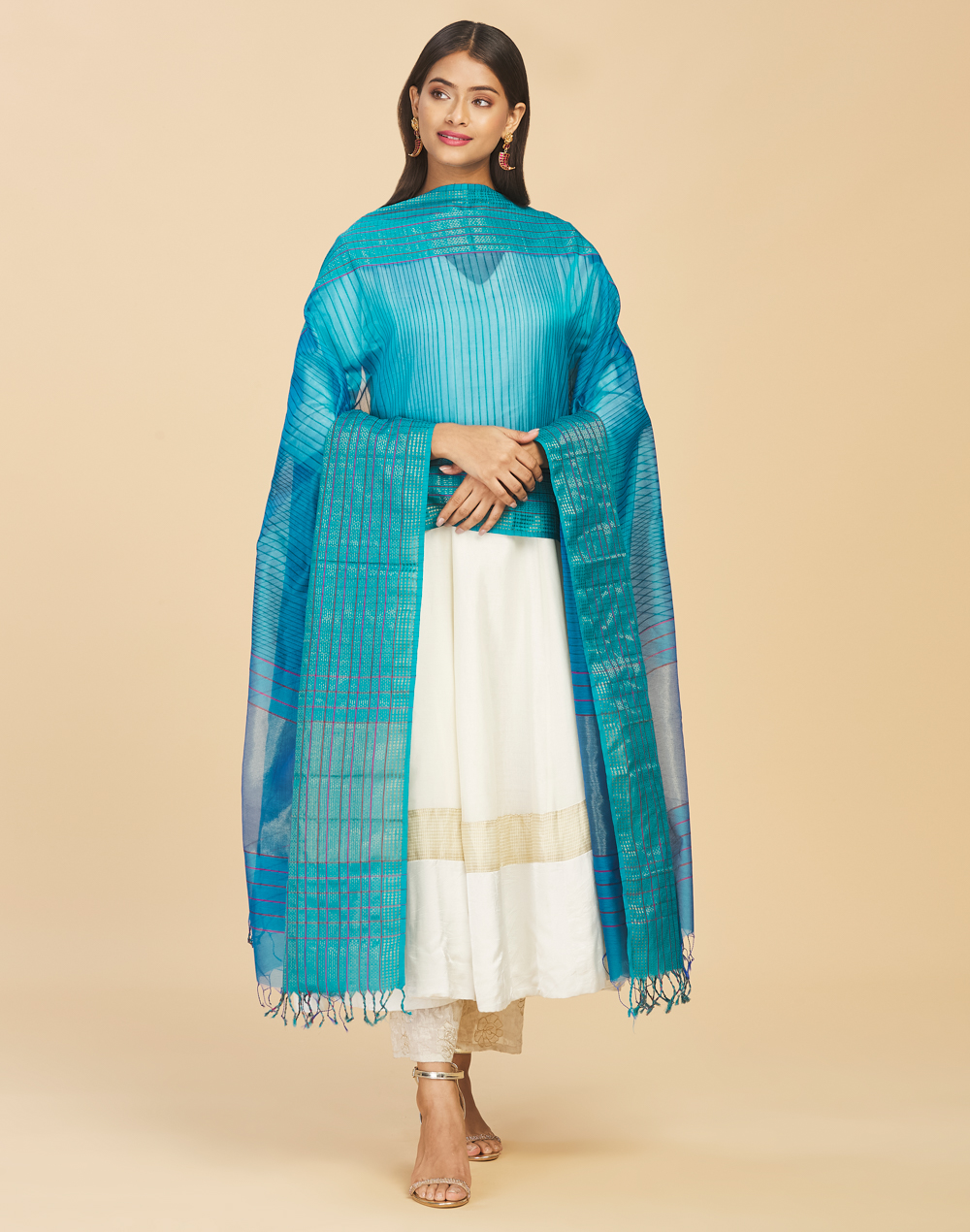 Teal Cotton Silk Striped Maheshwari Dupatta