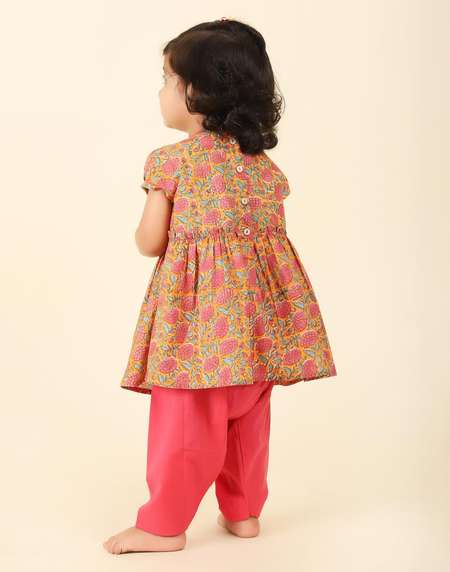Buy Orange Cotton Hand Block Printed Anarkali Salwar Set for Kids