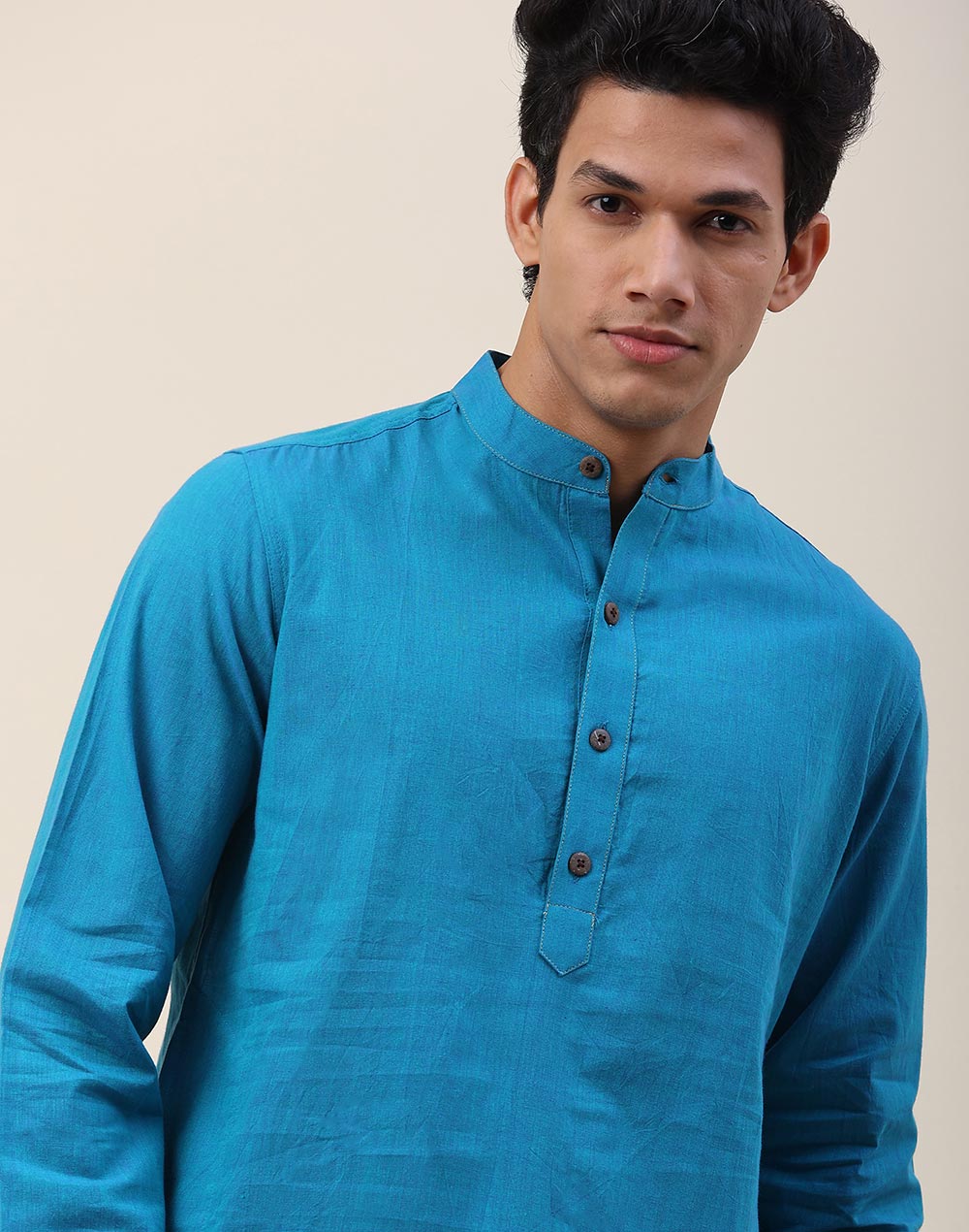 Teal Cotton Woven Slim Fit Long Kurta