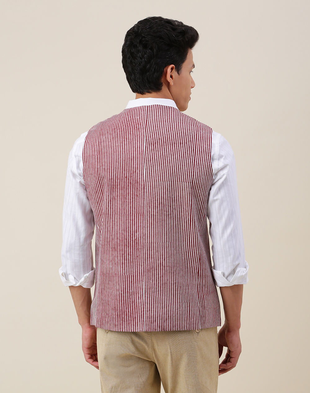 Red Cotton Printed Slim Fit Vest Jacket