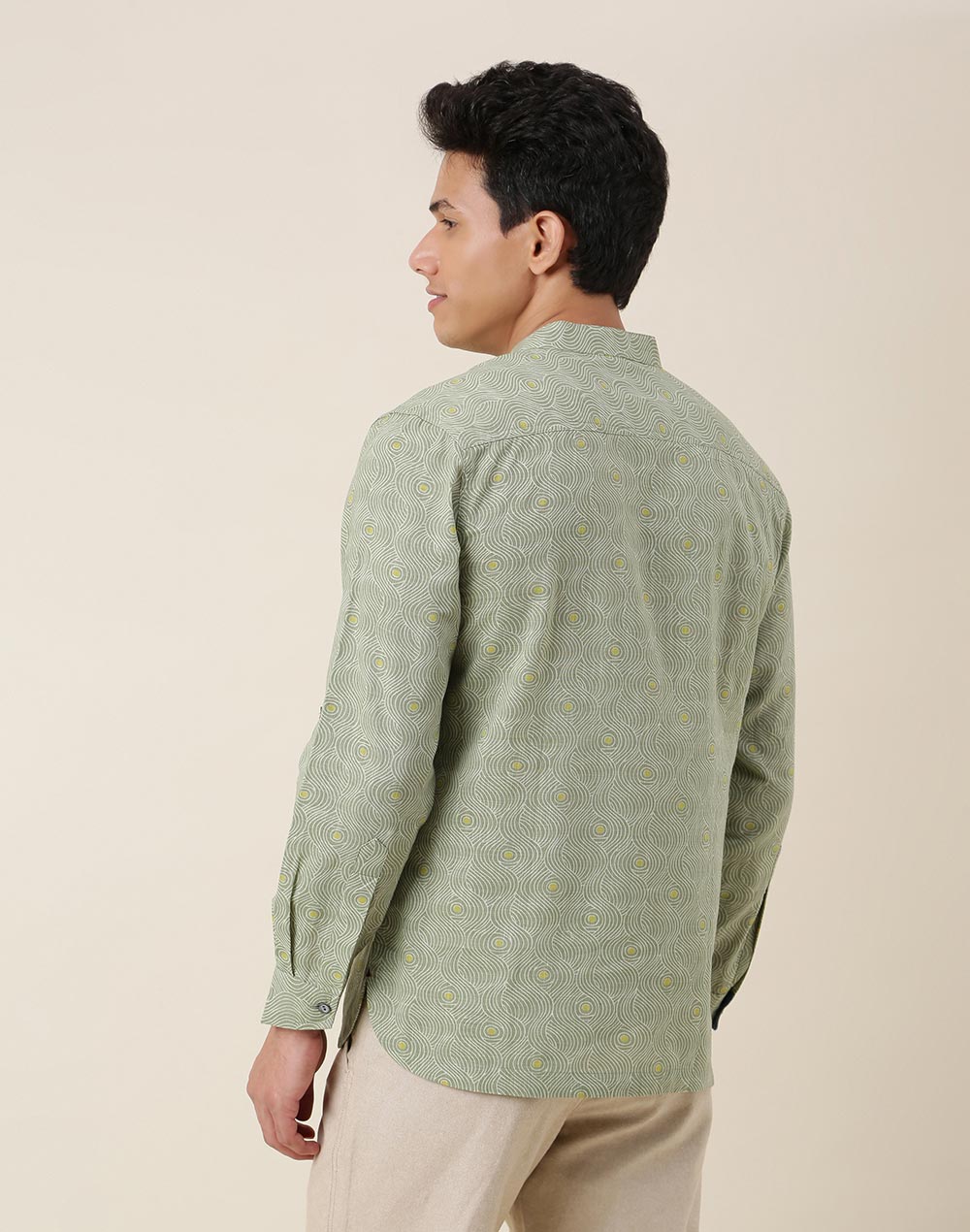 Green Cotton Printed Slim Fit Mid Placket Shirt