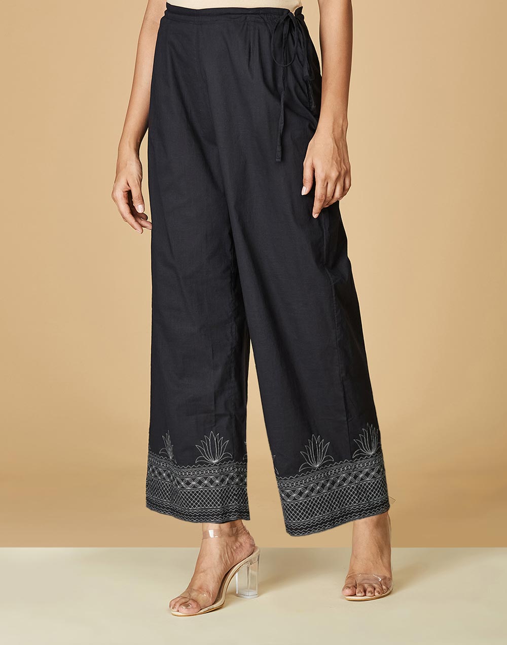 Black Cotton Embroidered Ijar Pant