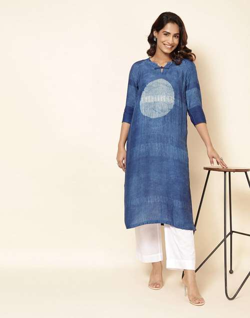 Indigo Viscose Blend Printed Long Kurta Indigo Viscose Blend Printed Long Kurta
