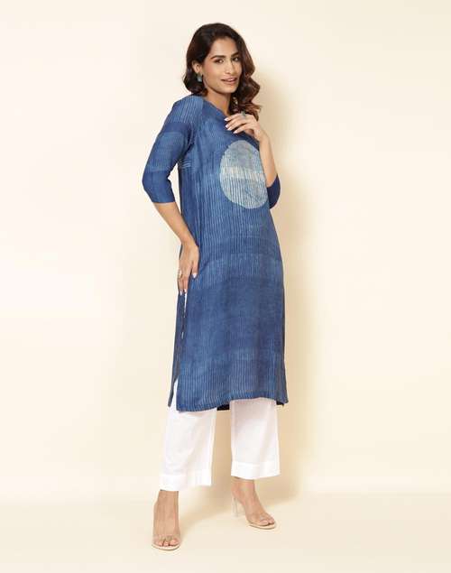 Indigo Viscose Blend Printed Long Kurta Indigo Viscose Blend Printed Long Kurta
