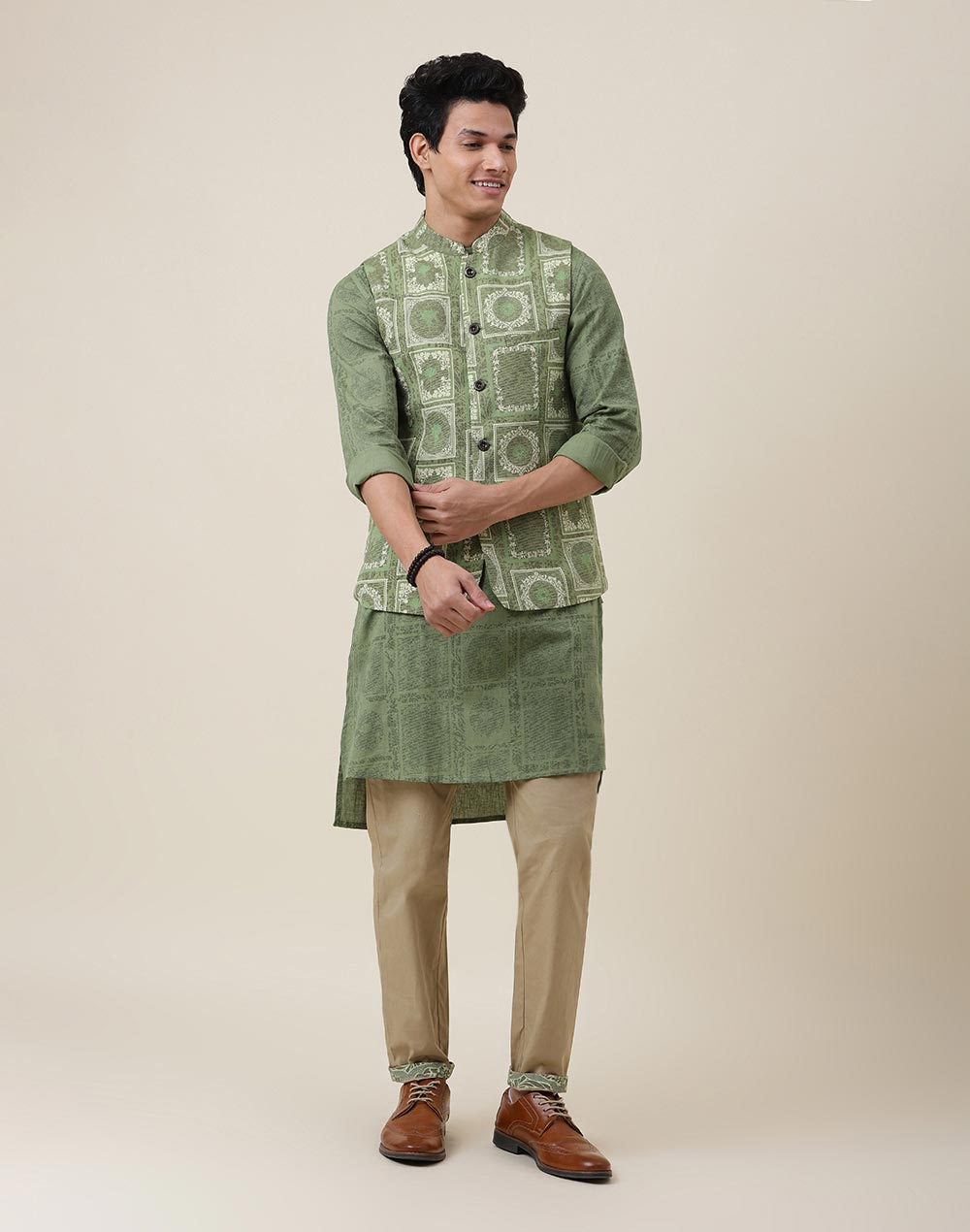 Nuindian Green Cotton Slim Fit Printed 2pc Set
