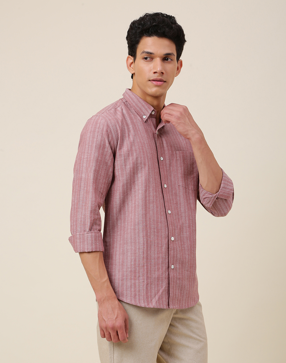 Pink Cotton Striped Slim Fit Shirt