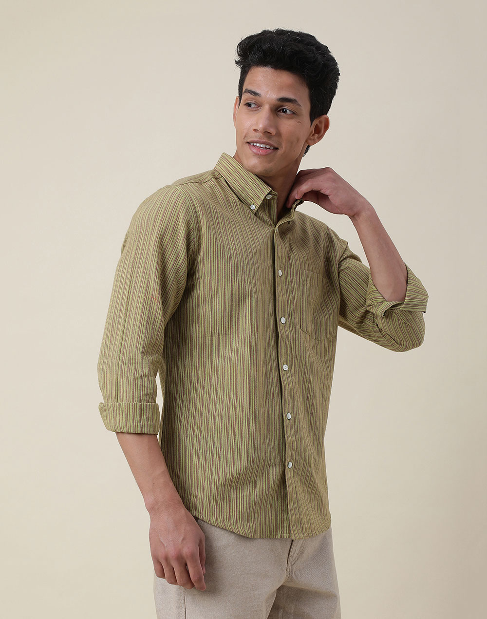 Green Cotton Striped Slim Fit Shirt