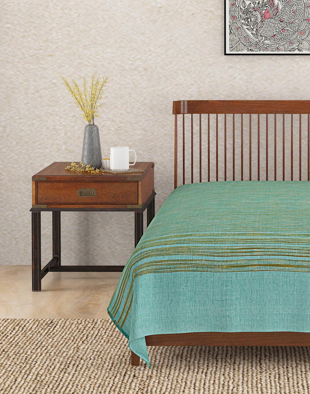 Teal Haiba Cotton Hand Woven Single Bed Cover