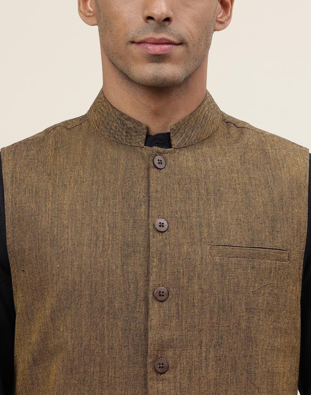 Mustard Cotton Woven Nehru Jacket