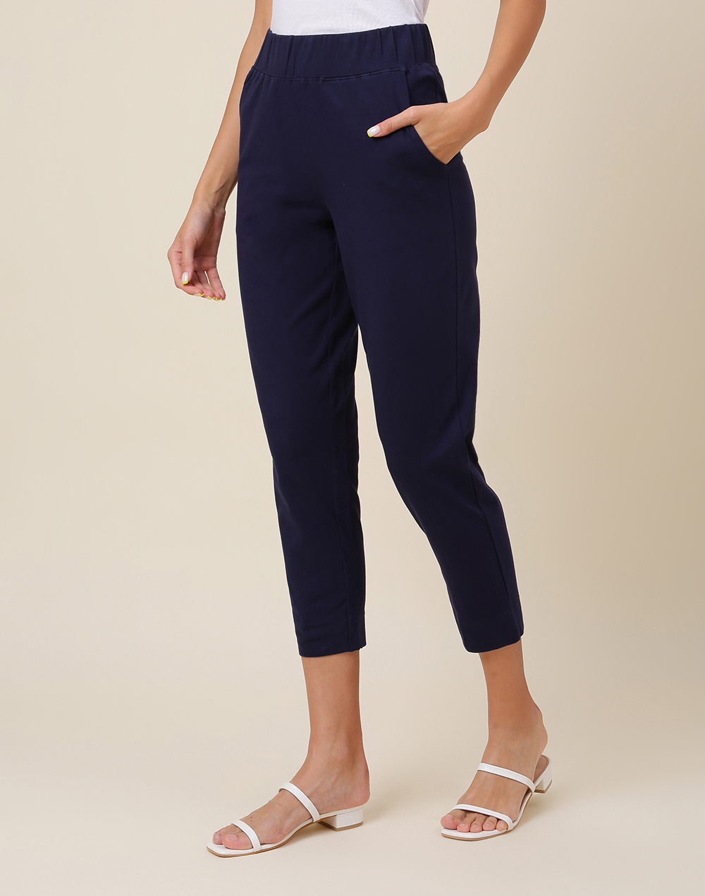 Navy Cotton Ankle Length Casual Pant