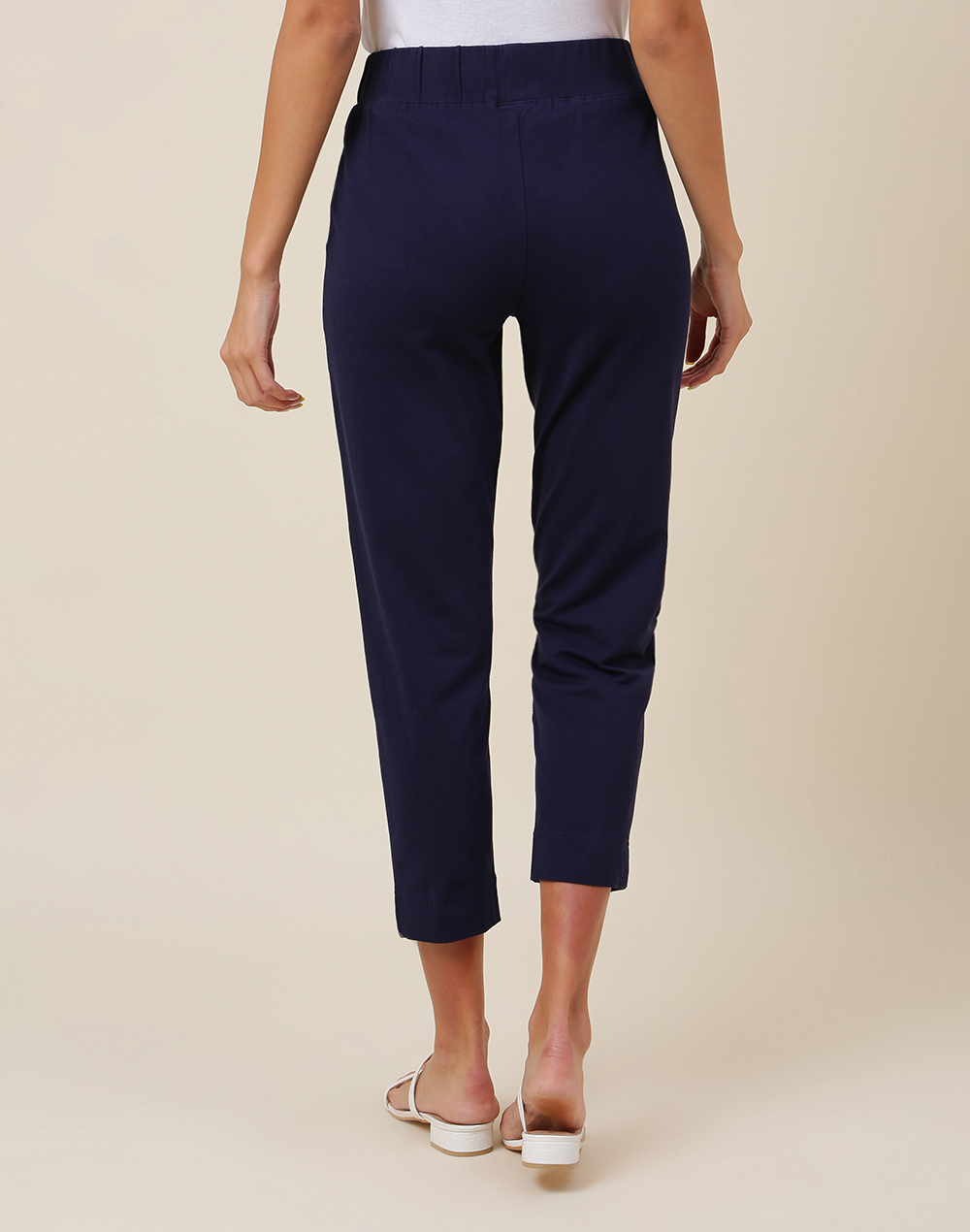 Navy Cotton Ankle Length Casual Pant