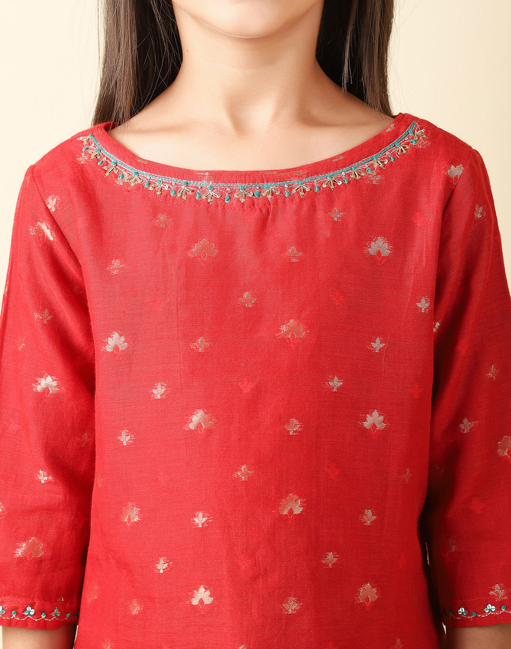 Red Cotton Silk Blend Cutwork Sharara Set