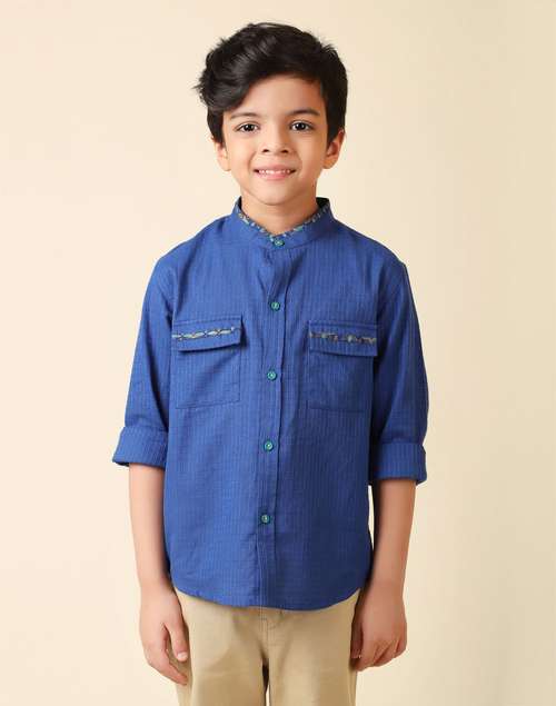 Blue Cotton Chinese Collar Shirt Blue Cotton Chinese Collar Shirt