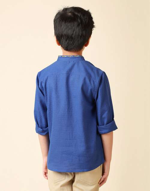 Blue Cotton Chinese Collar Shirt Blue Cotton Chinese Collar Shirt
