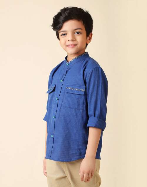 Blue Cotton Chinese Collar Shirt Blue Cotton Chinese Collar Shirt