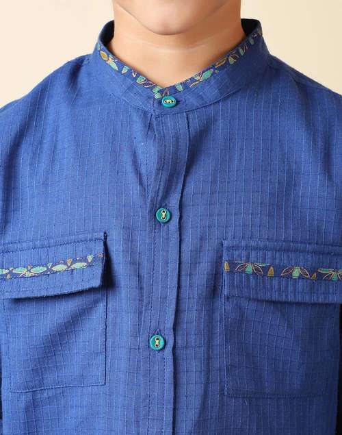 Blue Cotton Chinese Collar Shirt Blue Cotton Chinese Collar Shirt