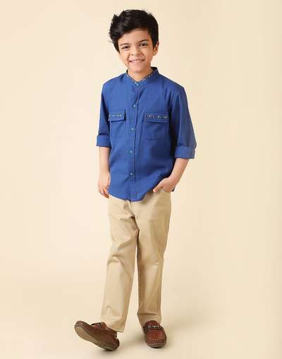 Blue Cotton Chinese Collar Shirt Blue Cotton Chinese Collar Shirt