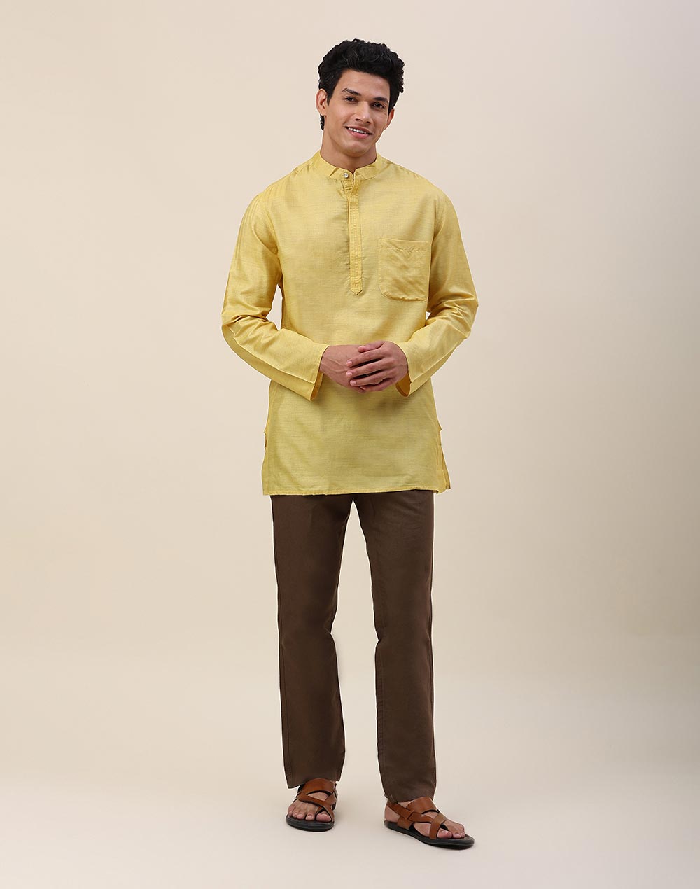 Yellow Silk Woven Chinese Collar Short Kurta