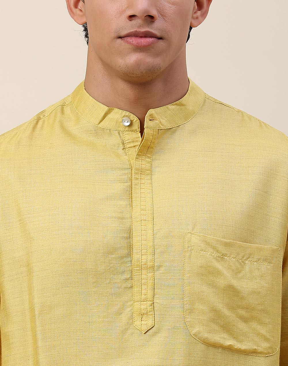 Yellow Silk Woven Chinese Collar Short Kurta
