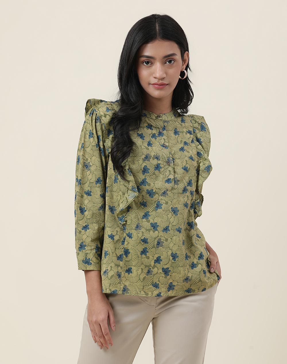 Green Cotton Printed Top