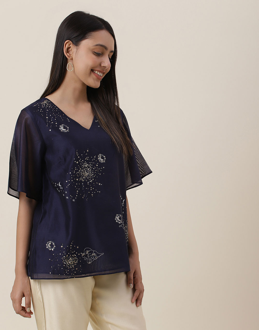 Blue Cotton Silk Hand Embroidered Top