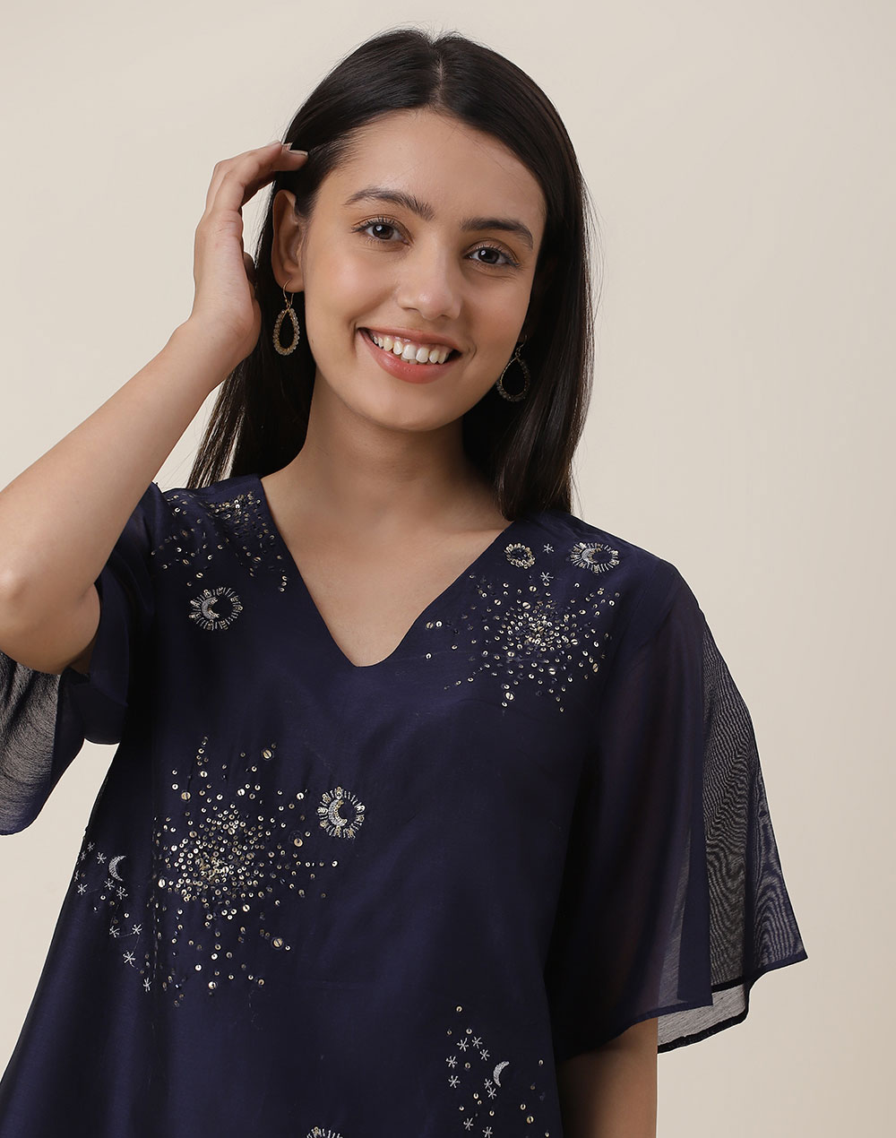 Blue Cotton Silk Hand Embroidered Top