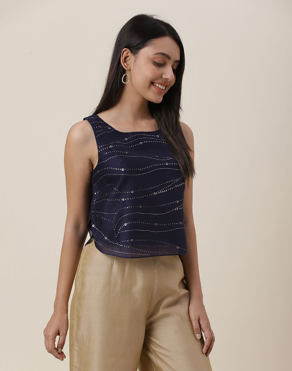 Blue Cotton Silk Hand Embroidered Short Top