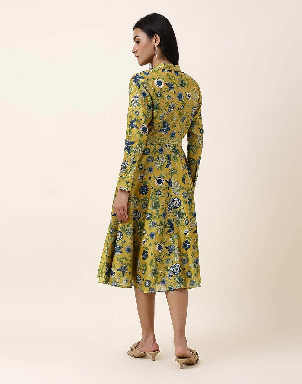 Yellow Cotton Silk Printed Midi Dress