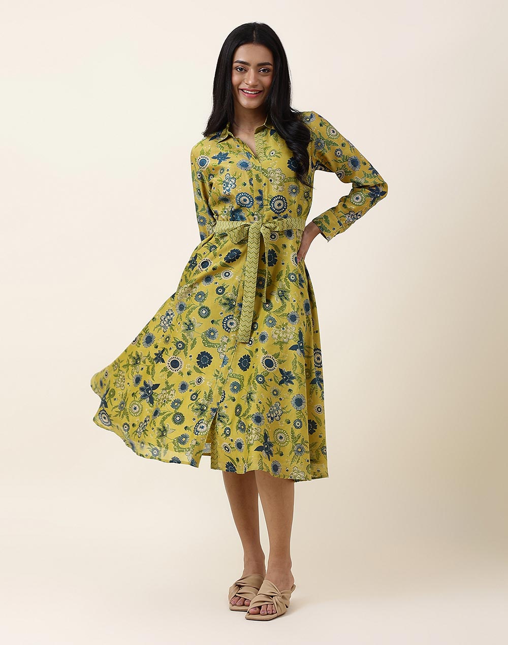 Yellow Cotton Silk Printed Midi Dress