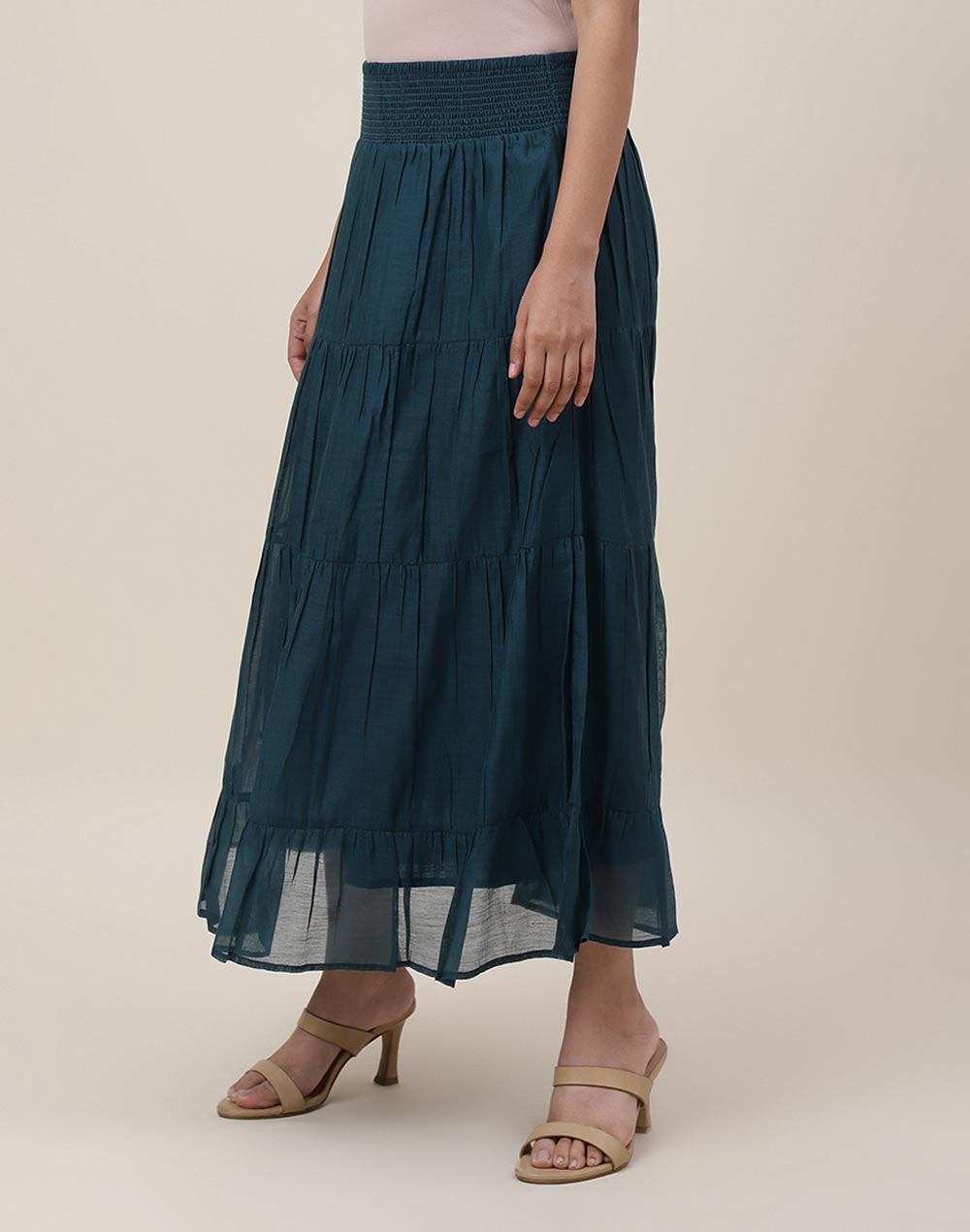 Teal Cotton Silk Calf Length Midi Skirt