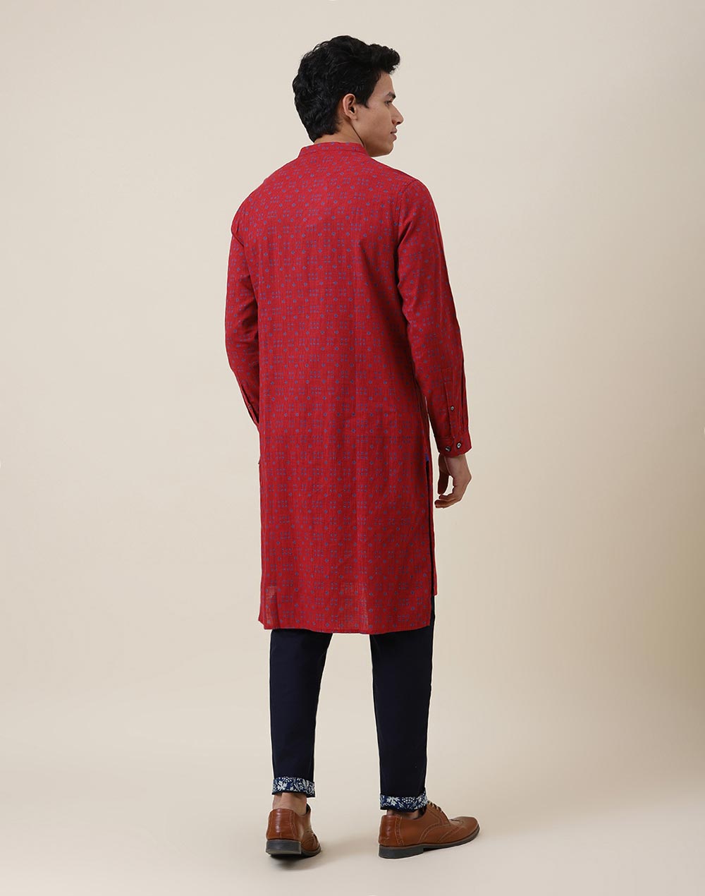 NUIndian Red Cotton Slim Fit Printed Long Kurta